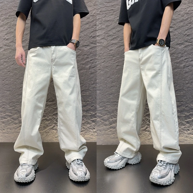 潮流加绒新款男士美式男裤牛仔直筒弯刀秋冬感裤子宽松爆款休闲裤