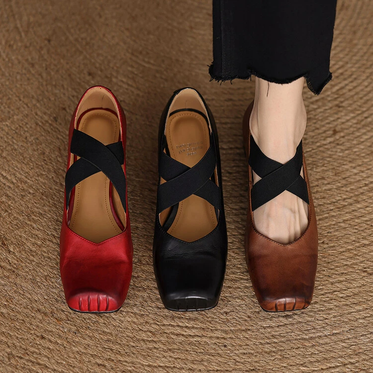 芭蕾风交叉松紧带猪鼻子鞋法式复古头层水洗牛皮粗跟玛丽珍单鞋女