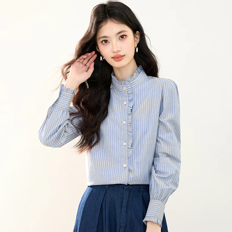 韩版木耳边立领衬衫女2025年秋季新款高级感打底衬衣长袖条纹上衣