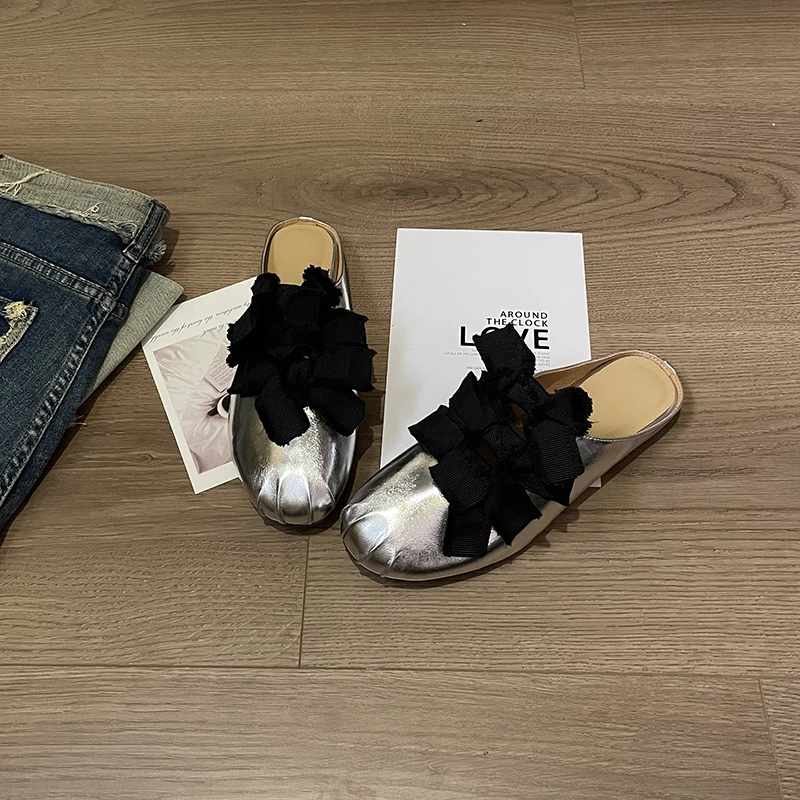 Shoe/牛皮/2CM真皮法式复古蝴蝶结平底包头半拖女百搭一字带4479