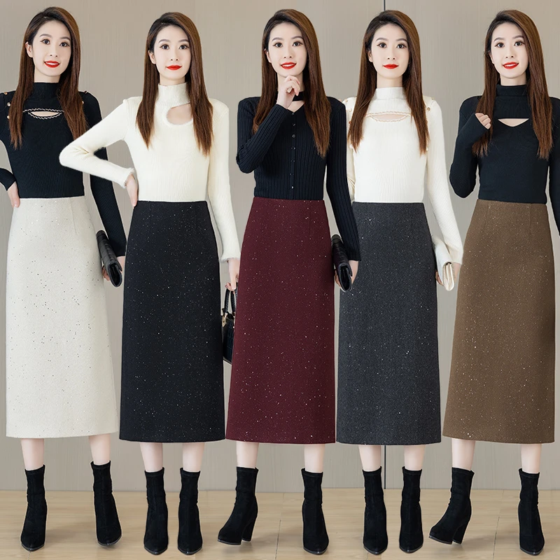 毛呢裙星空亮片2024冬季高腰半身裙气质百搭后开叉裙冬款半身裙女