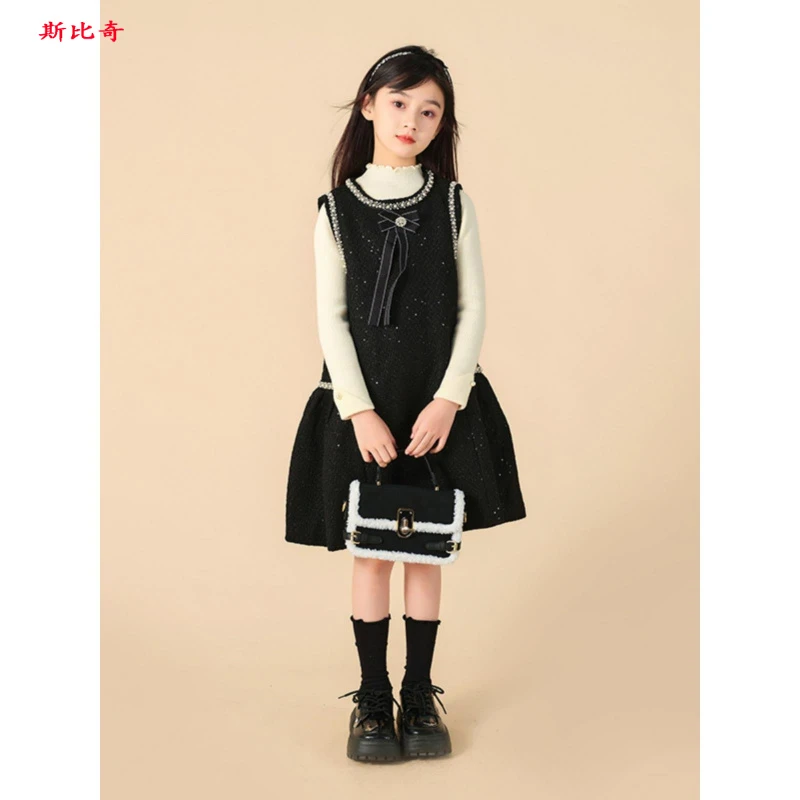 Sibiqi女生小香套装裙2025秋冬新款童装背心裙中、大号童装连衣裙