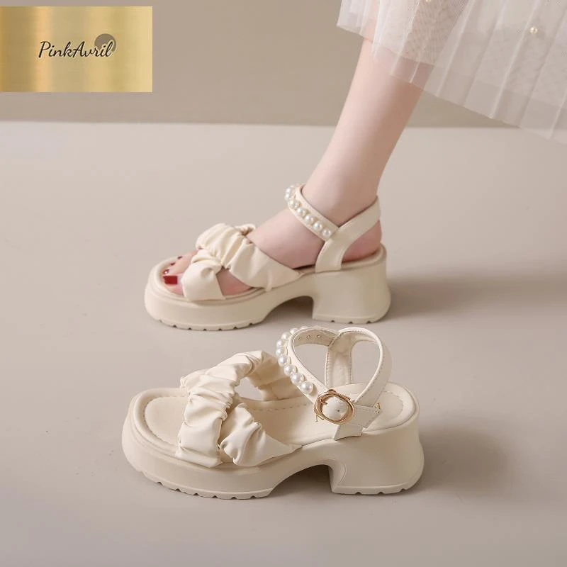 PinkAvril一字女外穿时尚2025法式年银色高跟鞋凉拖鞋新款拖鞋粗