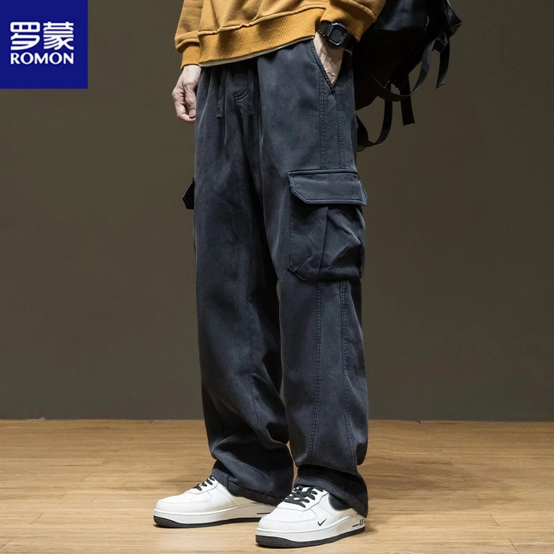 Romon/罗蒙工装裤男加绒直筒休闲裤秋冬季新款宽松大码休闲长裤子