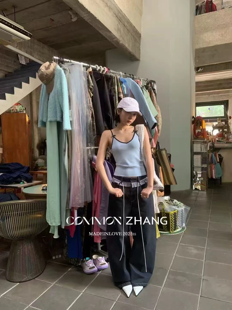 COMMON夏季新款 冰冰的很舒服的蓝色拼色针织吊带