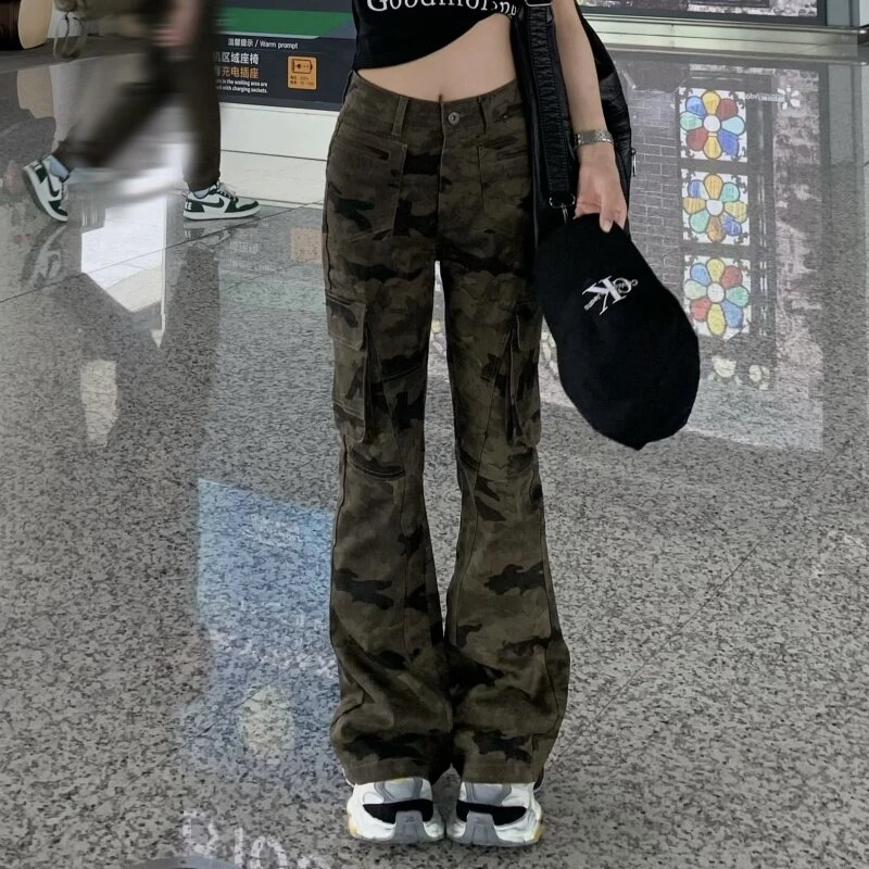 美式复古迷彩修身工装裤男女大码直筒显瘦微喇裤长裤子