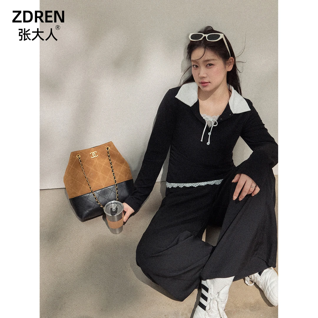 张大人【晚季铃风】大码女装微胖妹妹辣妹蕾丝拼接假两件长袖阔腿裤