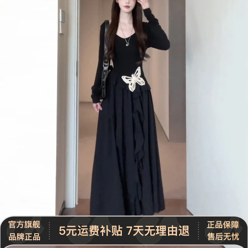 法式不规则蝴蝶黑色长袖连衣裙子女2026新款掐腰长裙早秋流行穿搭