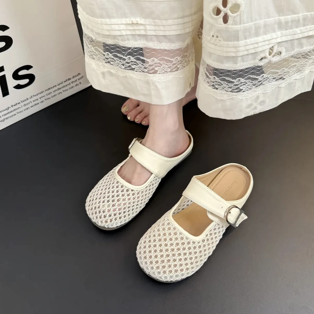 2025网面包头半拖鞋女2025夏季新款平底透气一脚蹬单鞋仙女凉拖