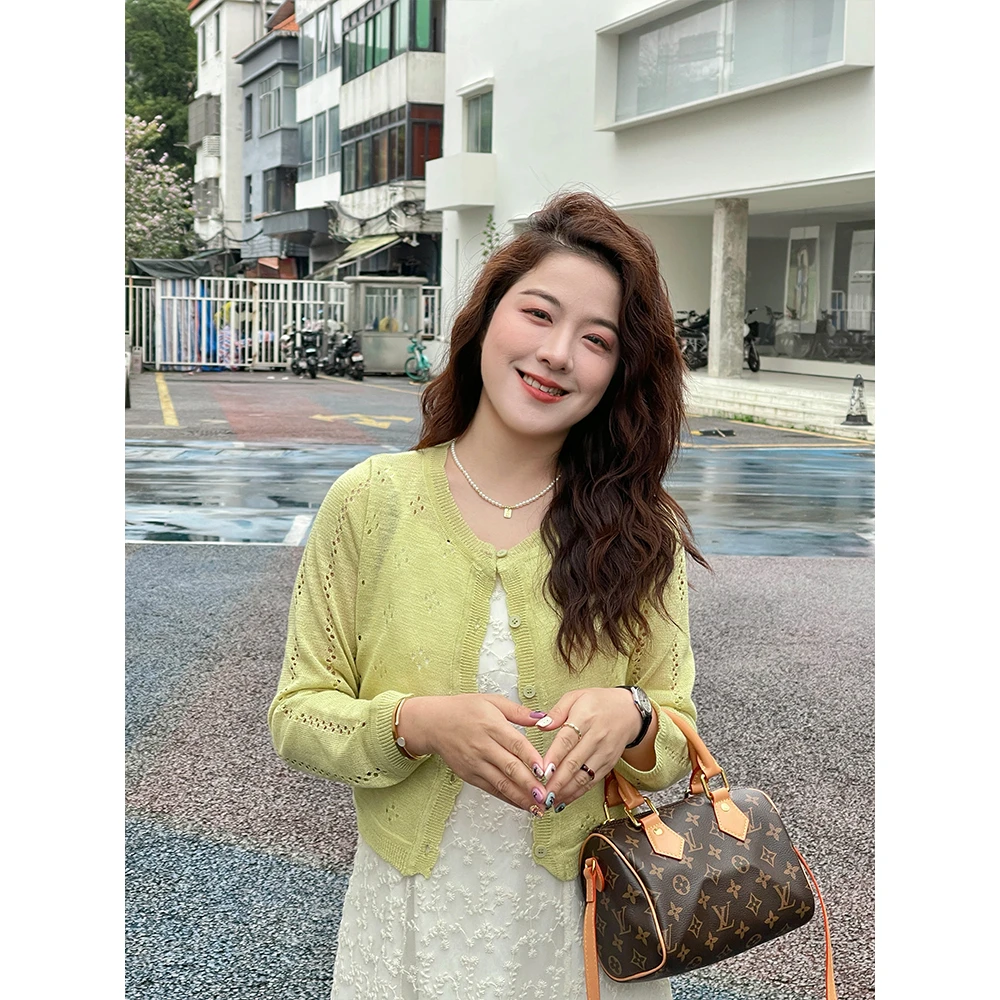 时尚开衫小个子设计感镂空花边针织开衫韩版百搭春短款上衣I3-41