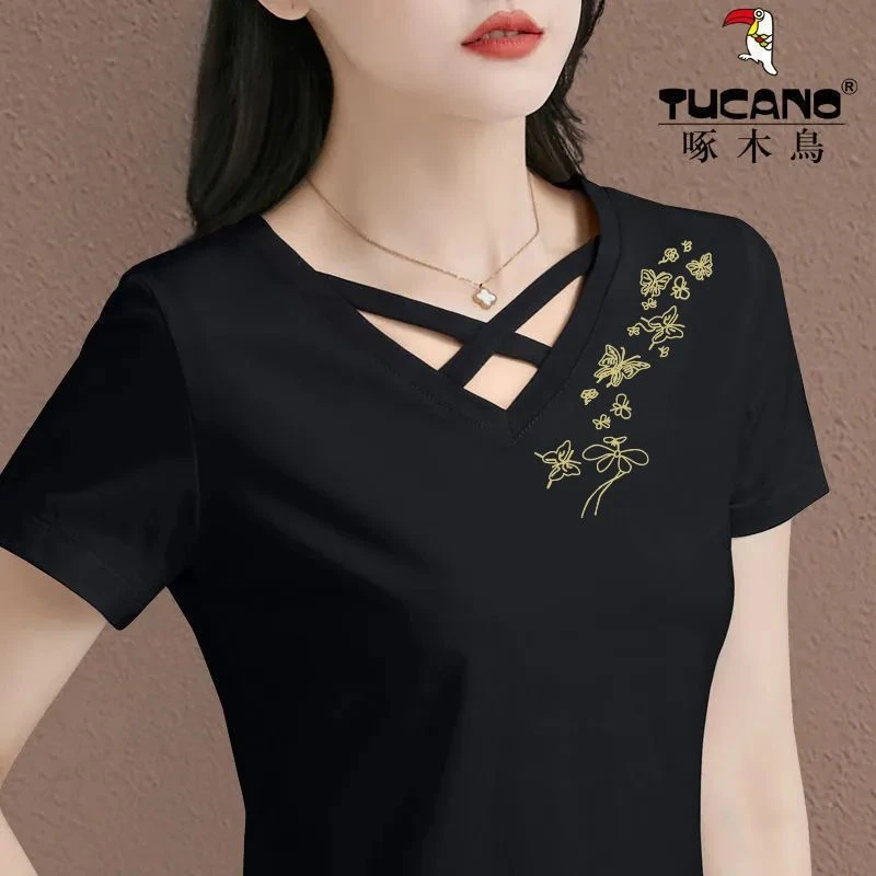 新款2025夏装正品啄木鸟镂空V领时尚短袖百搭T恤休闲外穿打底衫