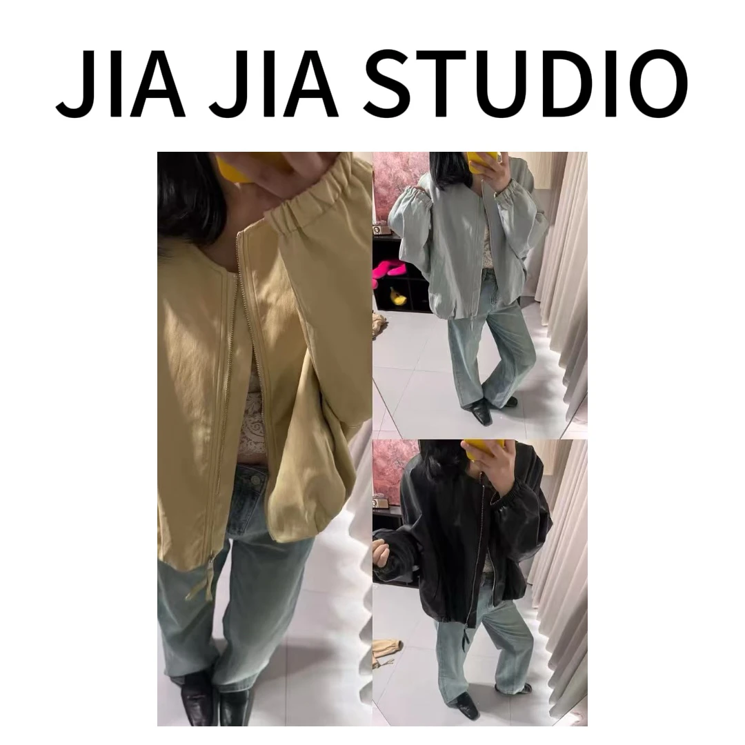 嘉嘉推荐#8801【早春款】韩系甜酷风圆领松紧腰皮衣外套
