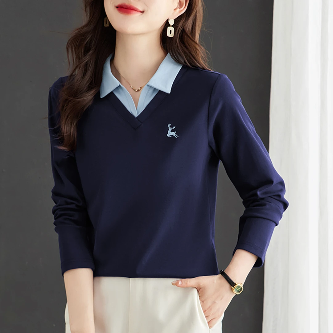 【新疆棉时尚百搭长袖】2025春秋季爆款正肩显瘦翻领时尚假两件上衣