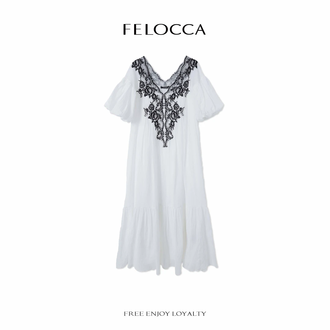 【FELOCCA】法式经典提花皱棉贴边蕾丝领白色棉长连衣裙CC2675