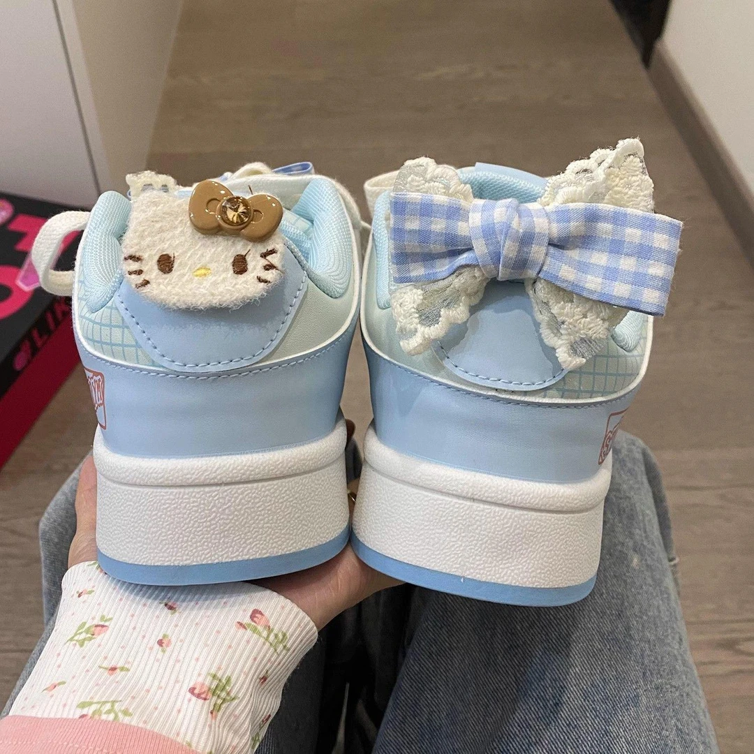 新款少女蓝蝴蝶结猫咪面包鞋女潮小众低帮板鞋厚底透气休闲鞋