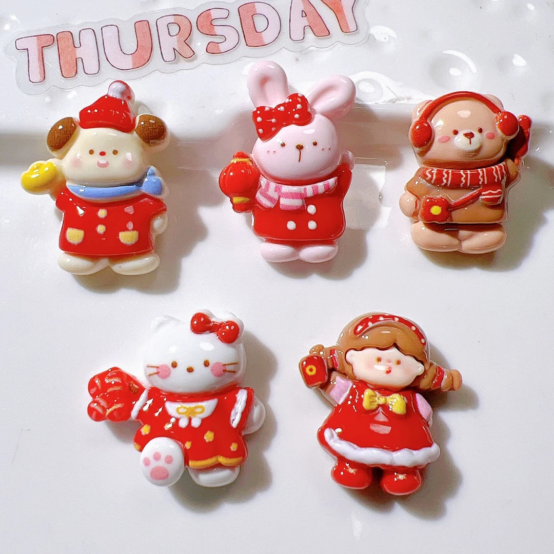 新年大红色可爱小熊兔子女孩小猫立体贴水杯收纳盒显示屏DIY装饰