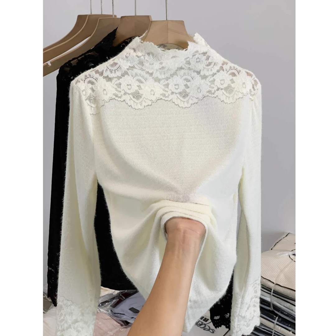韩系高领蕾丝钩花打底衫女秋冬高级感配毛衣磨毛网纱拼接百搭上衣