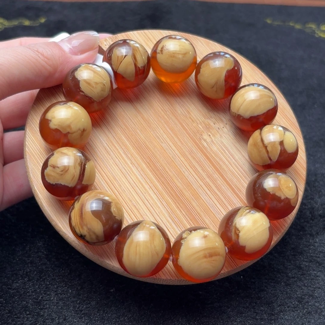 琥珀未镶嵌珠宝奇石18mm果冻橙白猪油溶洞
