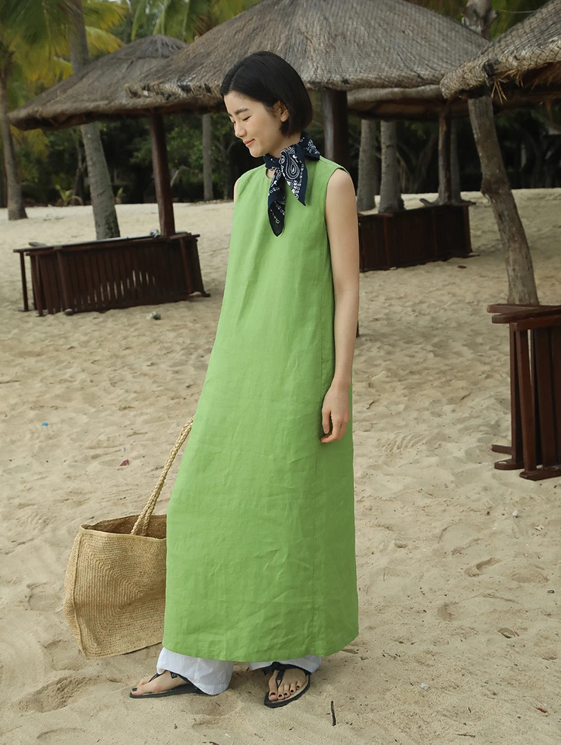 【素简】女士亚麻水洗无袖连衣裙宽松背心裙长裙长款亚麻裙00770