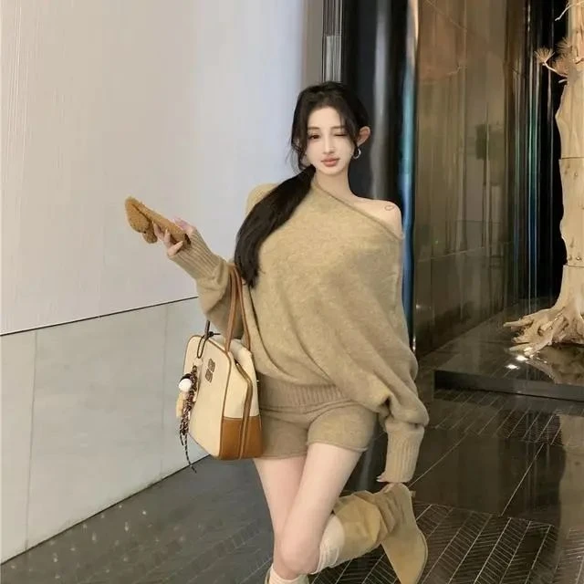 哥弟阿玛施正品特大码胖MM宽松露肩长袖套头毛衣女秋冬慵懒风套装