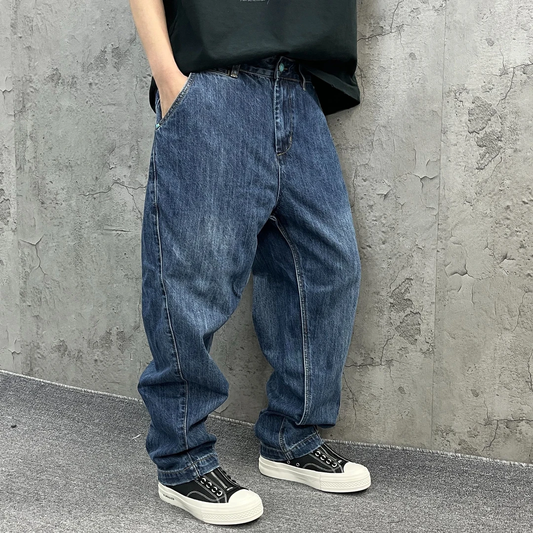 尹小鸡 美式复古重磅水洗宽松微锥玛瑙扣点缀竹节牛仔裤男女 9012