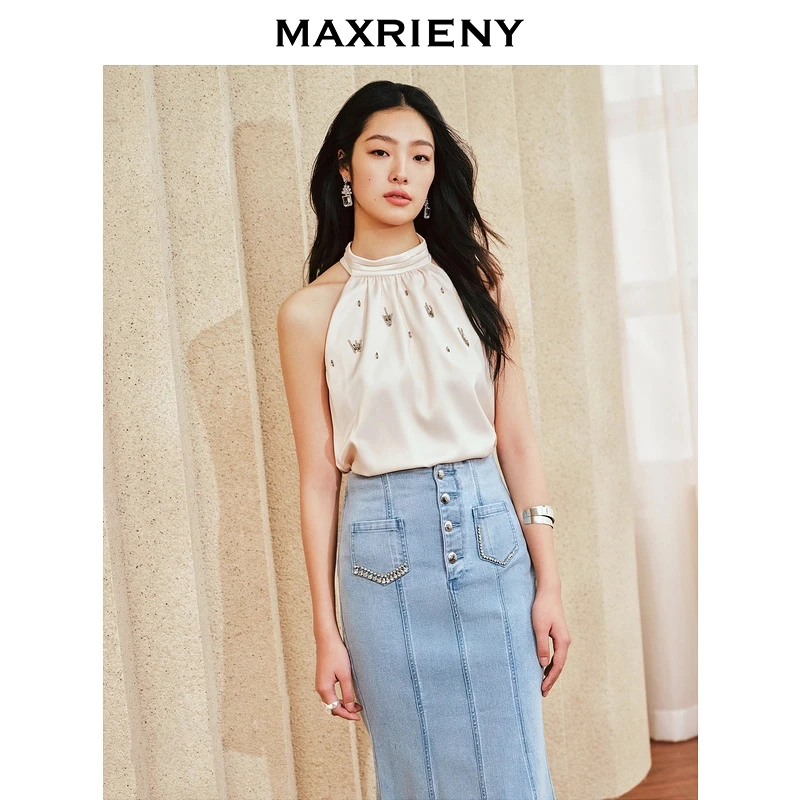 MAXRIENY气质牛仔感夏季钉珠上衣女修身显瘦法式衬衫纯色时尚小衫