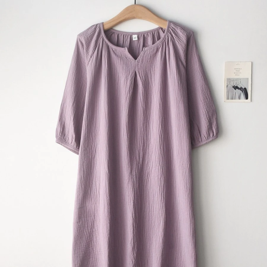 纯色简约V领睡裙女士春夏季纯棉纱布双层薄款中袖裙子家居服睡衣