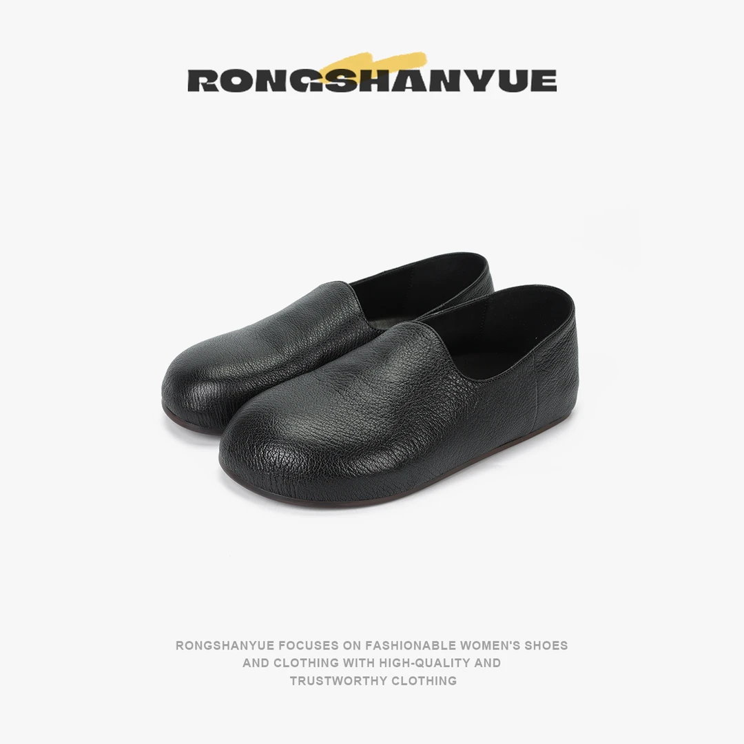 Rongshanyue复古牛皮奶奶鞋舒适软底懒人平底小皮鞋女B1239