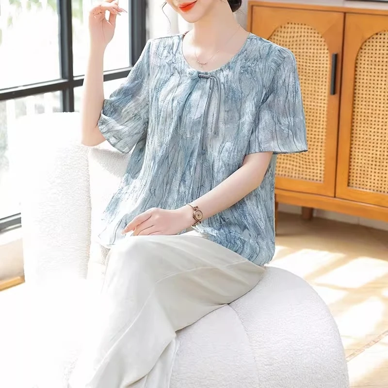 妈妈夏装2025新款雪纺小衫洋气中老年夏季套装女端庄大气品牌上衣