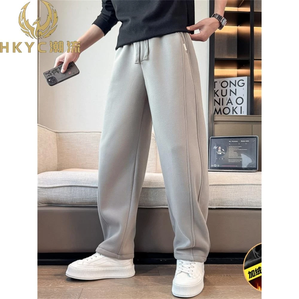 HKYC痞帅高级感情侣装加绒卫裤男2025秋冬款宽松直筒裤子男弯刀裤