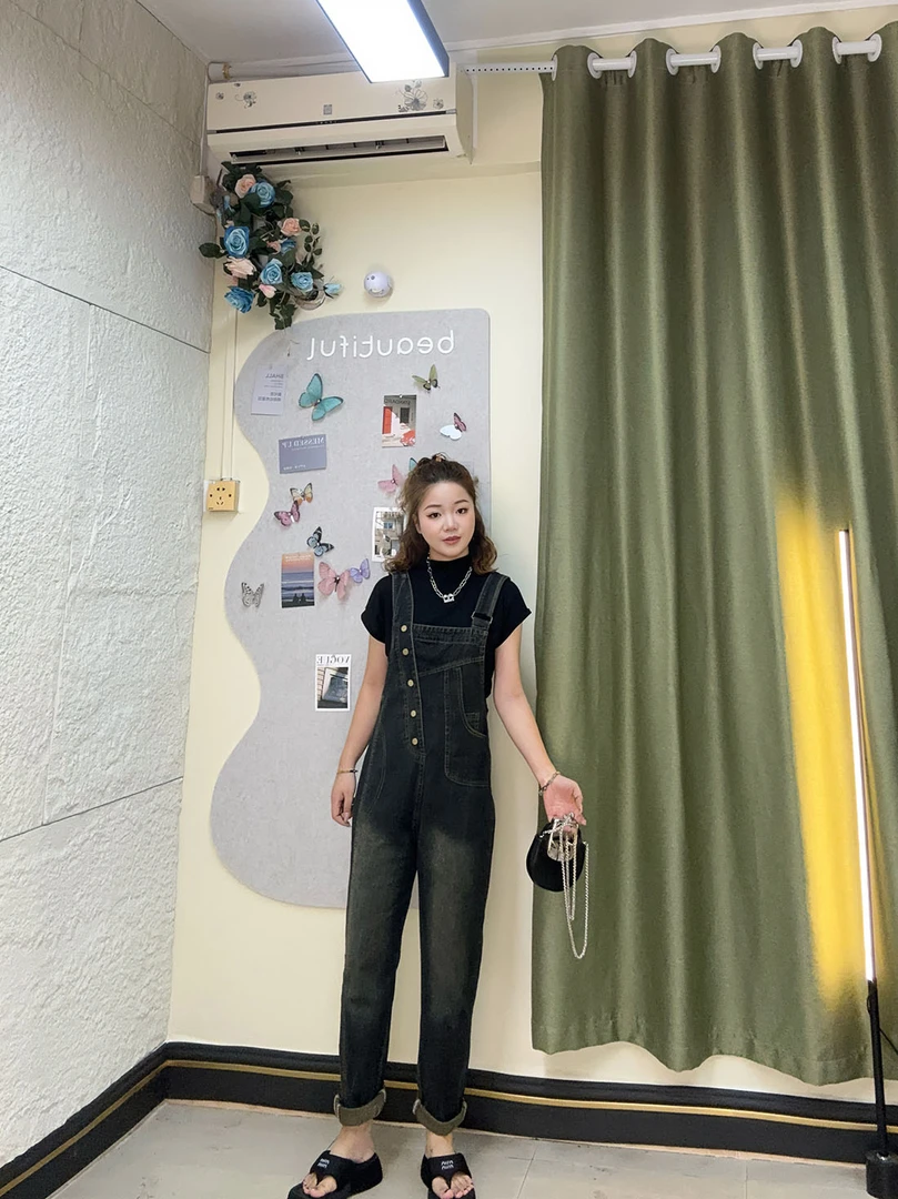 长裤背带裤牛仔裤背带裤斜肩排扣连体修身韩版直筒复古显瘦裤子