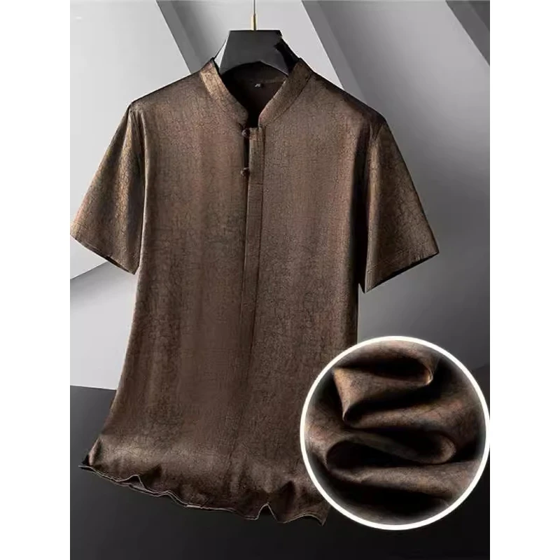 特大码300斤香云纱桑蚕丝龟裂纹短袖衬衫男女夏季薄款新中式唐装2