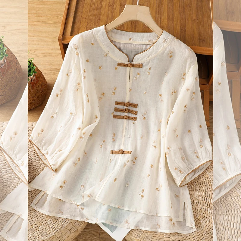 夏季女士新中式盘扣立领刺绣碎花大码短袖衬衫国风宽松遮肚子上衣