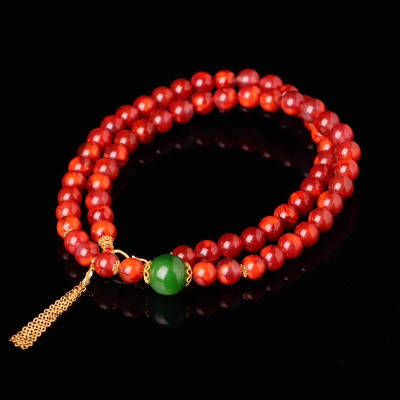 【泓贝珠宝-L077】18k金配饰南红火焰纹圆珠设计款项链NGTC国检证书