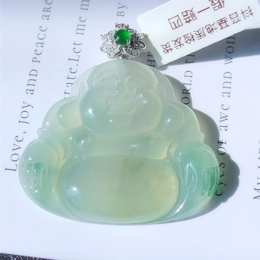 缅甸天然A货翡翠18k金镶嵌老坑冰种飘花大佛公吊坠尺寸44/40.6/6