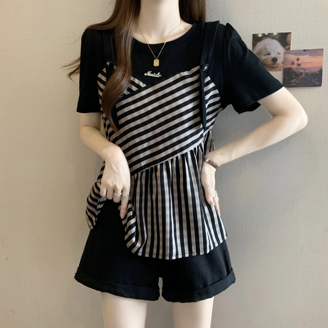 大码复古拼接条纹正肩短袖假两件衬衫夏季胖mm显瘦遮肚子洋气上衣