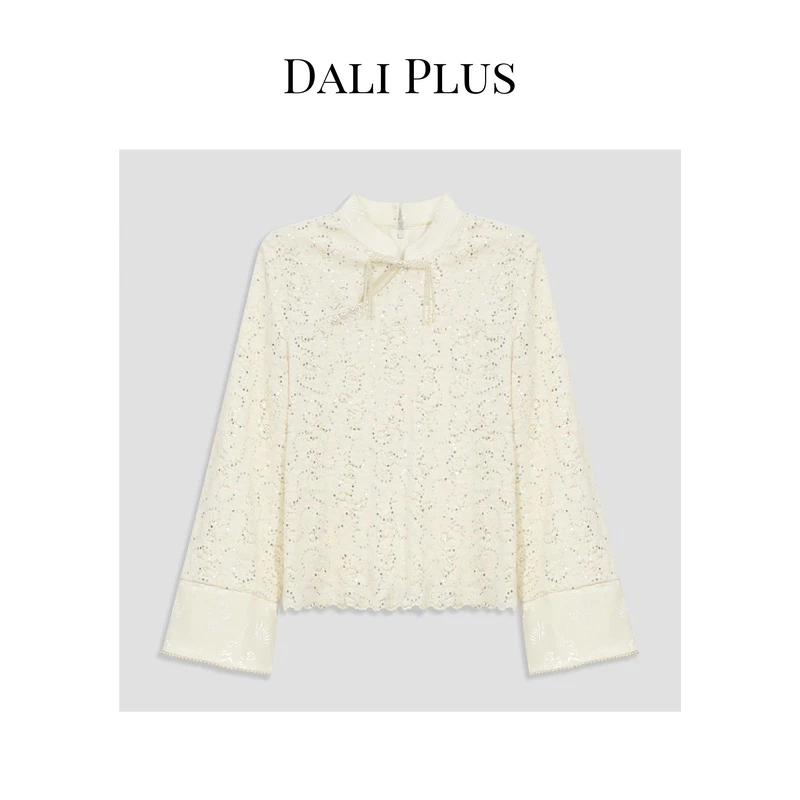 DALI PLUS重工款亮片新中式钉珠盘扣米白色精美提花衬衫-D4SS0002