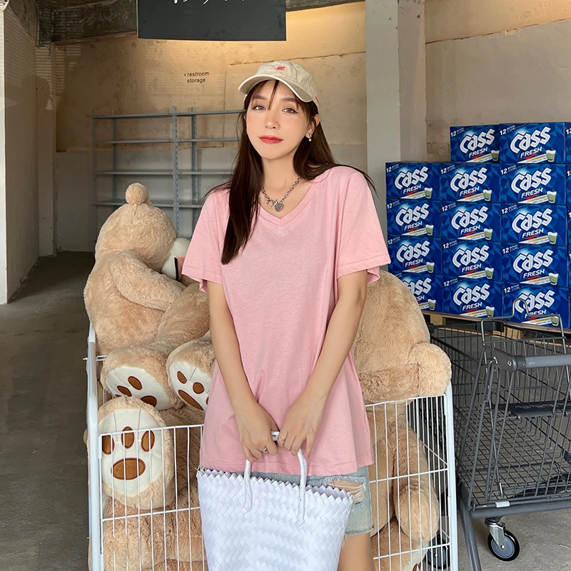 【C】短袖宽松多色V领百搭T恤女潮流   8571