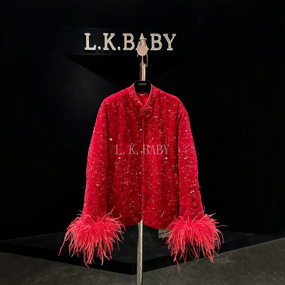 【L.K.BABY】国色天香 高定新中式国风浮雕亮片羽毛开衫外套