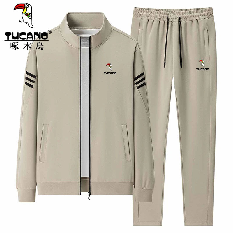 啄木鸟男士春秋新款休闲套装男士运动服薄款大码时尚立领跑步套装