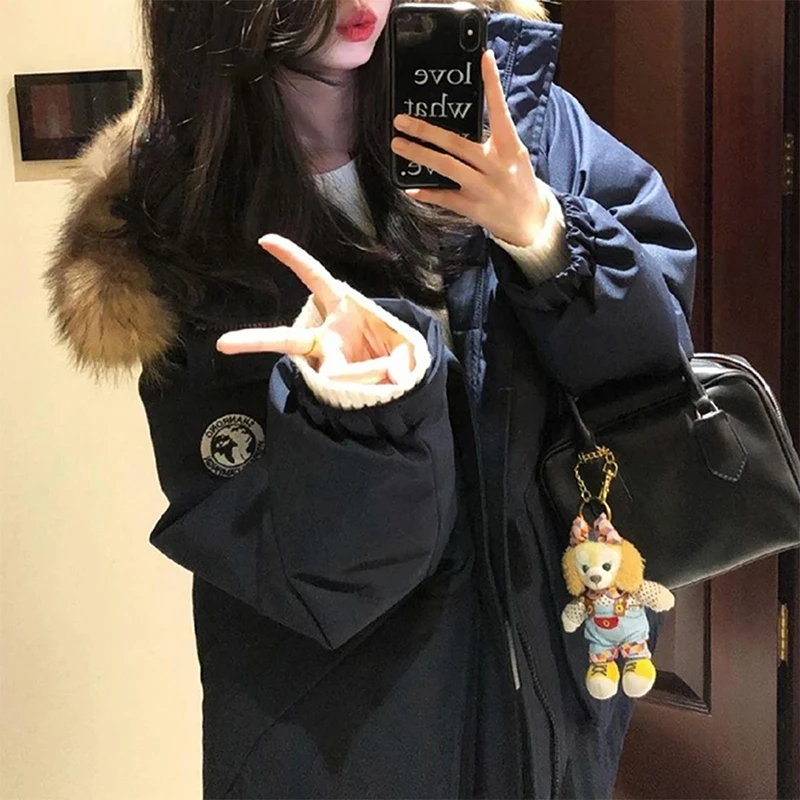 工装派克服冬季冲锋衣大毛领冬装外套女士加厚宽松小个子棉衣外套