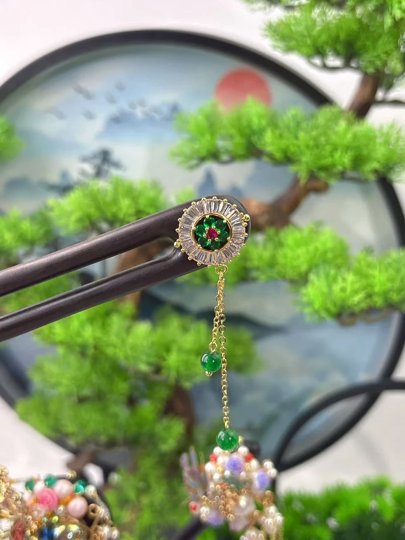 K26绿色流苏时尚百搭发簪简约古典民族风手工13公分