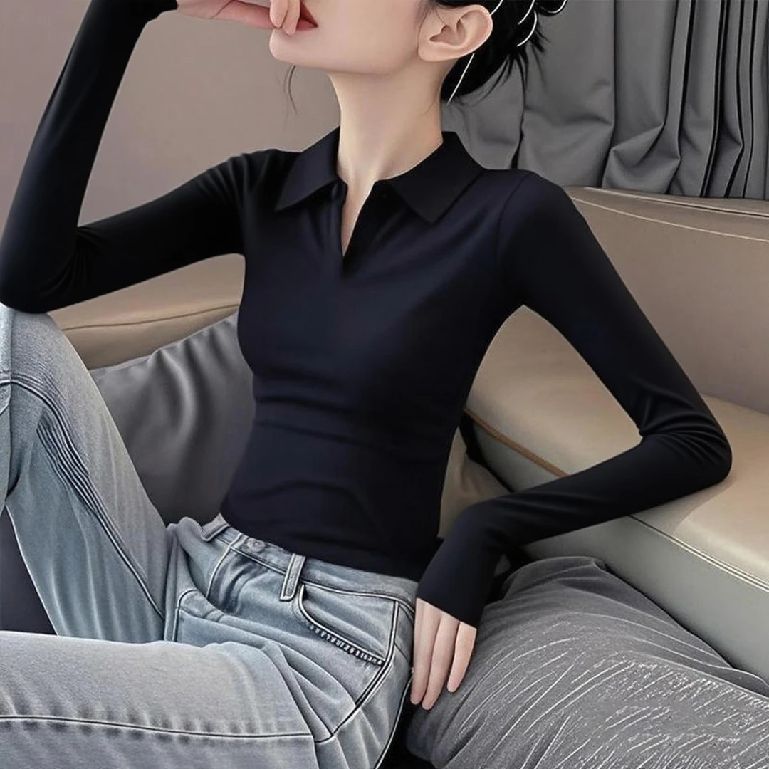 黑色polo领打底衫女秋冬洋气内搭V领长袖t恤修身显瘦正肩低领上衣