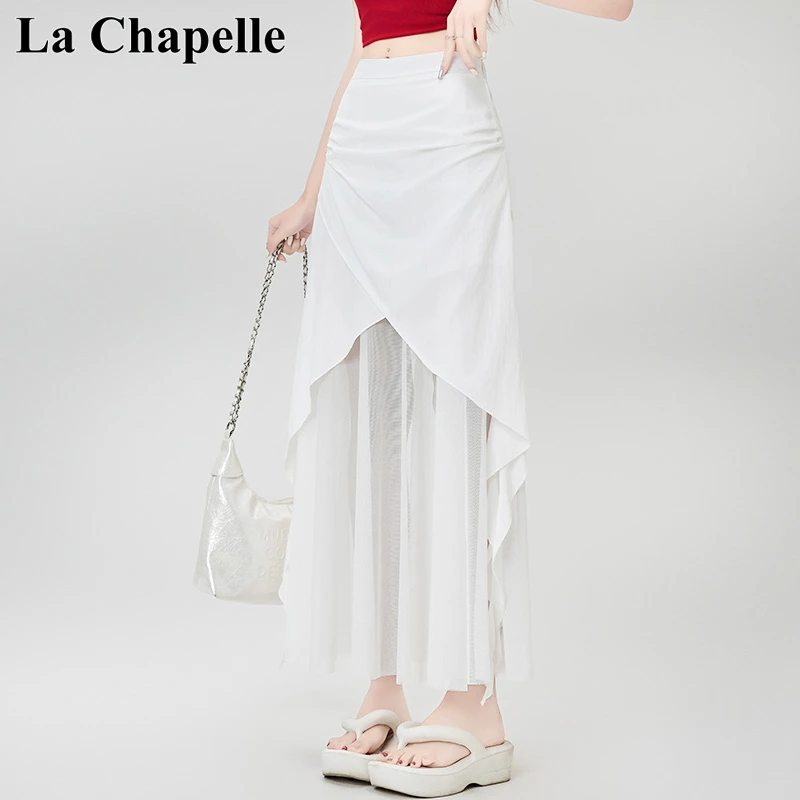 拉夏贝尔2025夏季新款韩系甜美蕾丝拼接不规则半身裙女显瘦仙女裙