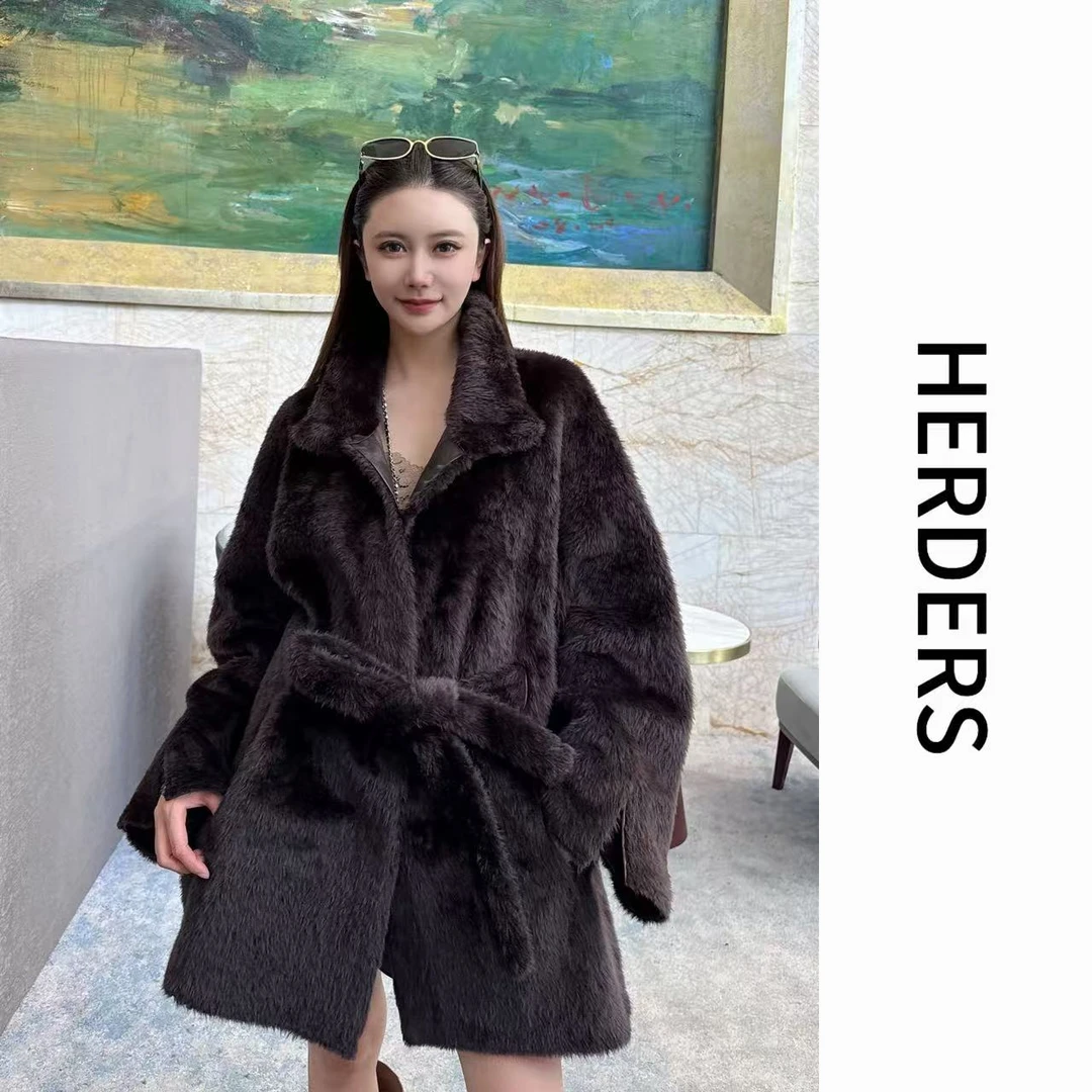 HERDERS 中长款立领系带款皮毛一体外套 257007
