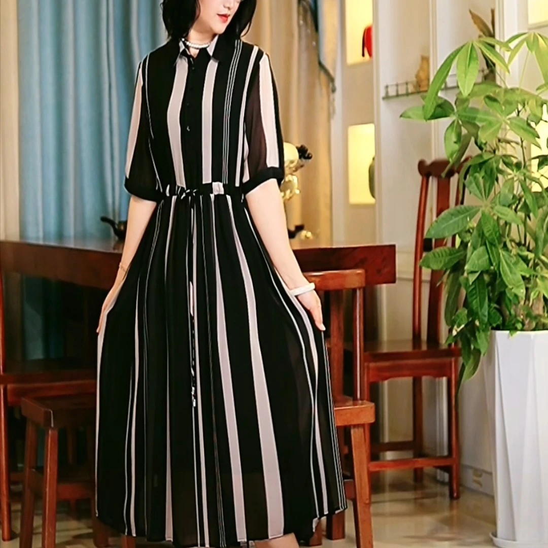 466【旭日东方】竖条纹设计师高定款时尚春夏连衣裙气质百搭