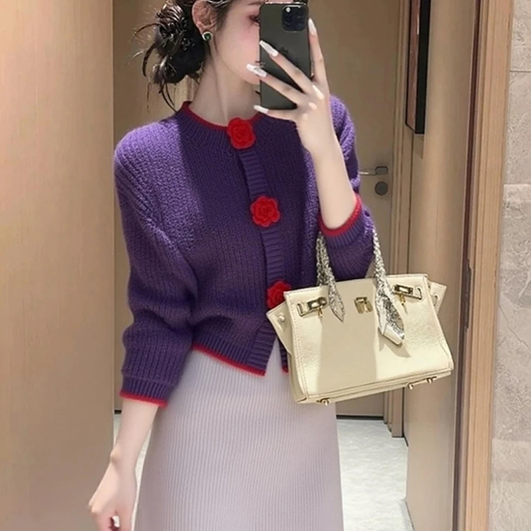 2026冬季超火一整套气质减龄穿搭大方得体减龄洋气紫色毛衣套装裙