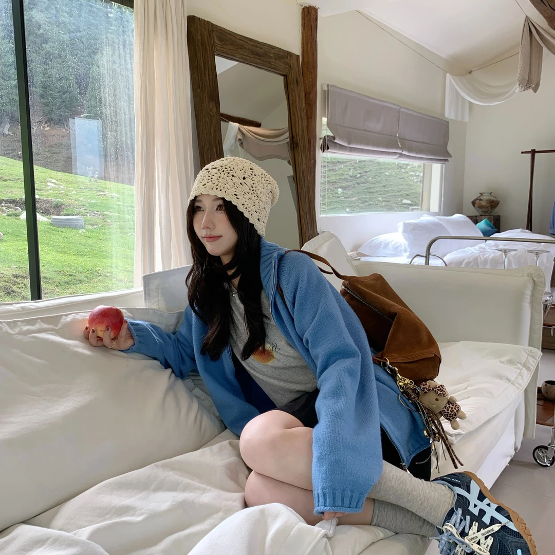 Berry 喜你而欢大庞定制 蓝色立领拉链毛衣外套慵懒宽松百搭上衣