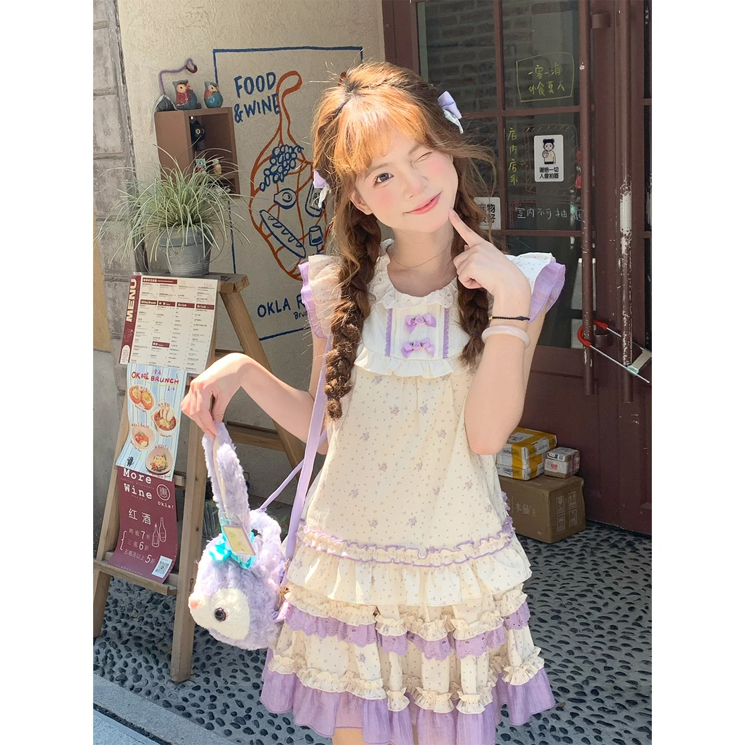 sinsingirl 紫色碎花撞色套装 上衣+蛋糕裙