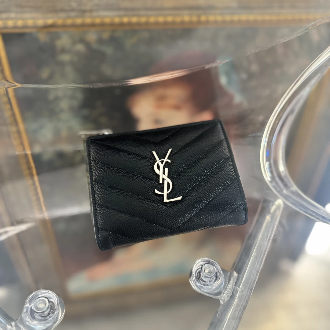 95新 YSL/圣罗兰 复燃精选/黑银鱼子酱卡包